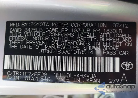 2012 Toyota Prius C Two from USA, damaged, VIN JTDKDTB33C1018514